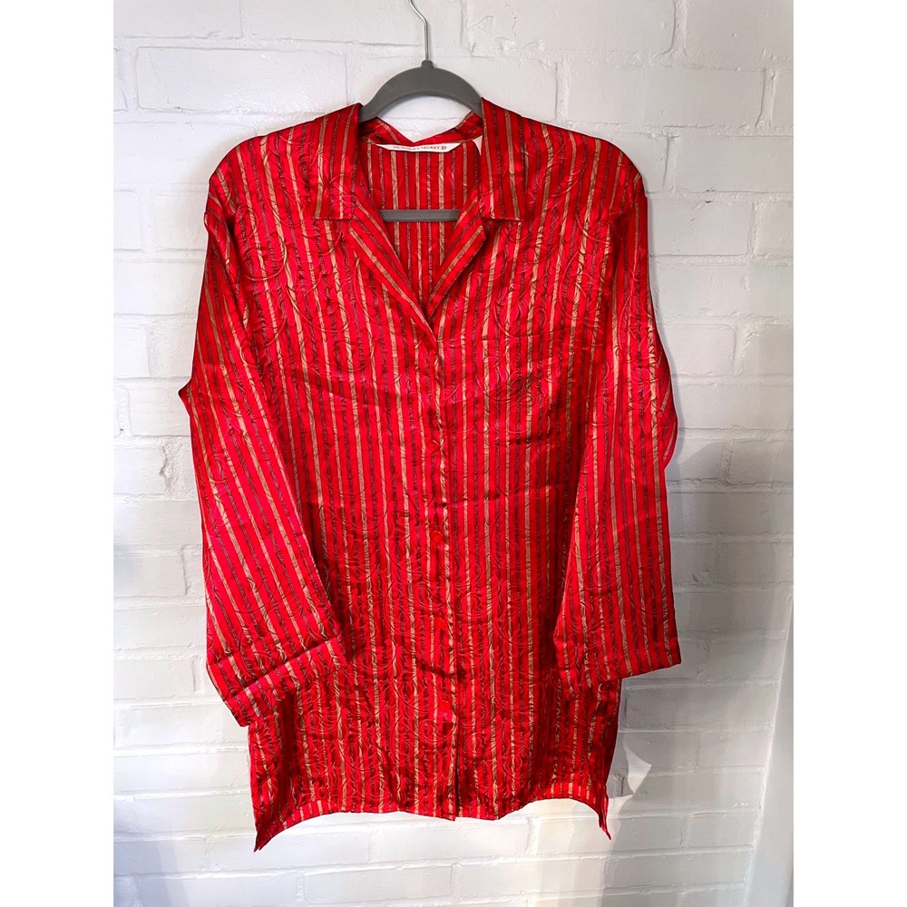 Vintage Victoria's Secret Red Gold Striped Paisley Satin Sleepshirt Pajama Top S